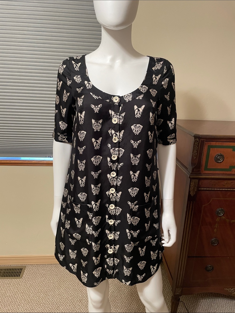 Anthropologie Maeve XS Silk Cavorting Canines Dog Print Mini Dress Black Cream